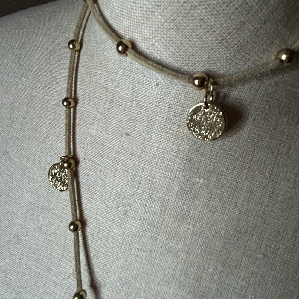 White House Black Market Elegant Gold Beaded & leather Necklace - Picture 2 of 2